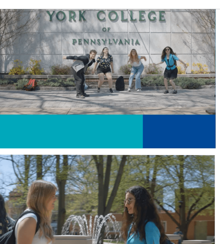 Video thumbnail showing 3 different groups of students, York College branding, and the words "find your community".