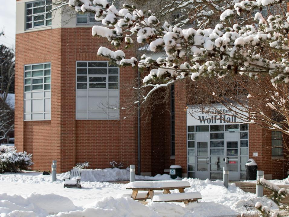 Wolf Hall is surrounded by snowy grounds.