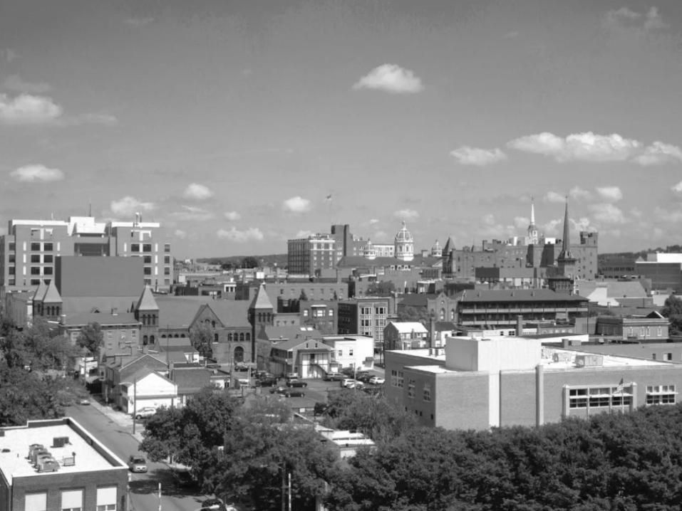 A black and white photo of buildings in Downtown York 