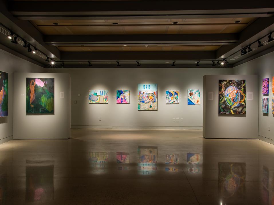 The interior of a York College Art Gallery, set up with an exhibition of student artwork.