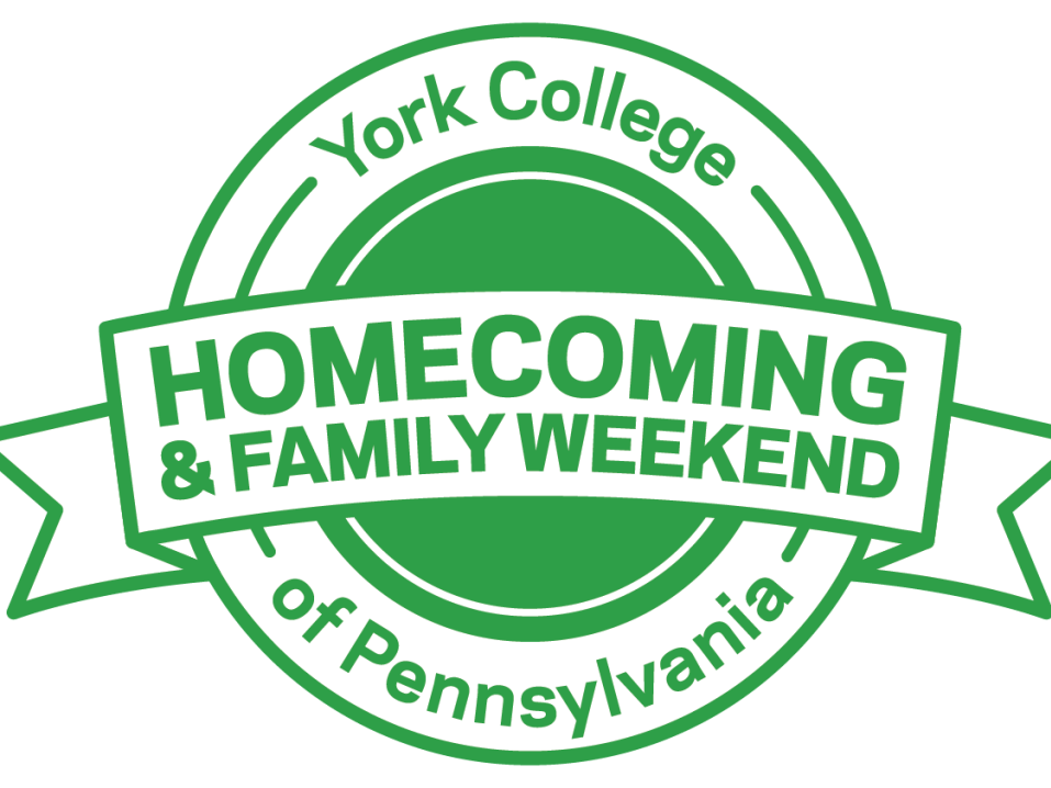 An illustration of a badge and banner reads York College of Pennsylvania Homecoming and Family Weekend