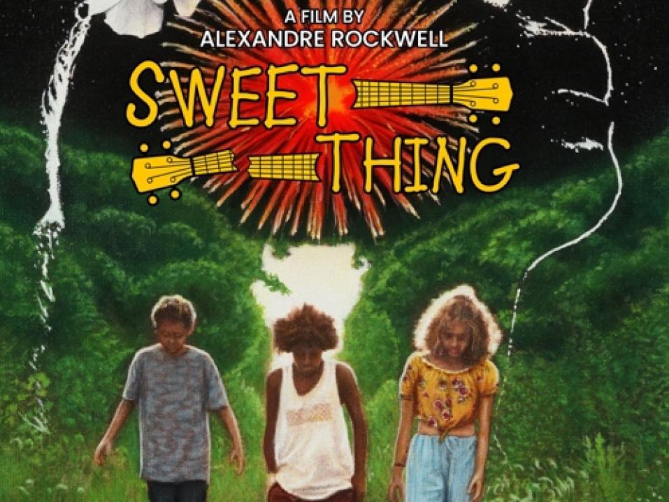 A movie poster for the film Sweet Thing shows three young people walking along a rural train track.