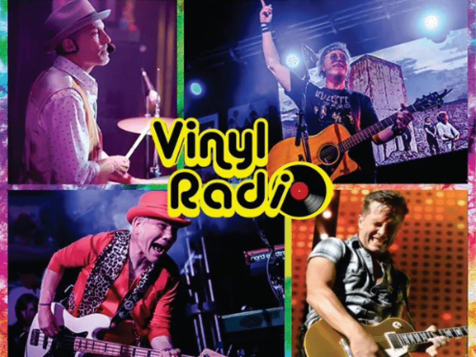 A graphic split into four images shows each of the four members of Vinyl Radio playing music. The band's logo is in the center.