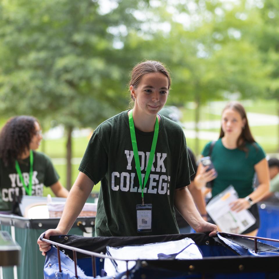 Student in York College shirts move large containers.