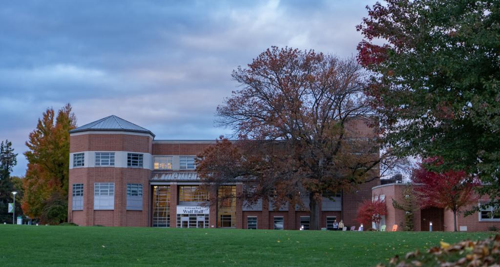 Outside photograph of wolf hall at dusk