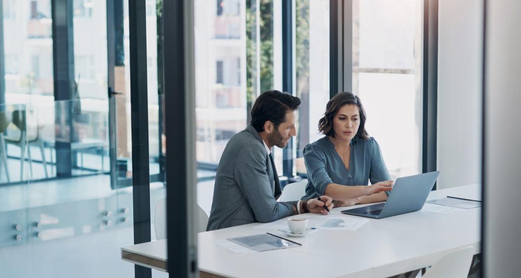 Two professionals sitting at a laptop in an office