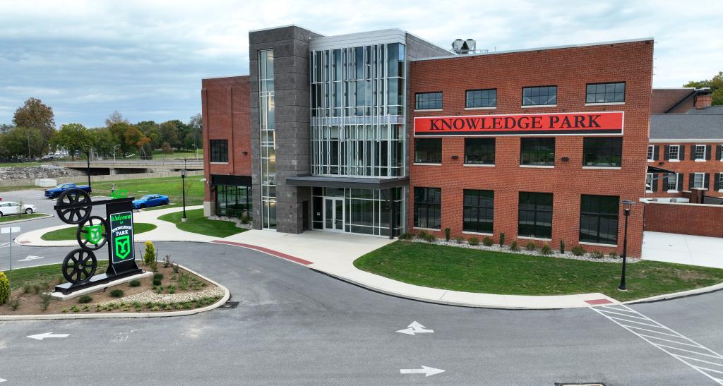 Exterior of Knowledge Park building seen from a drone