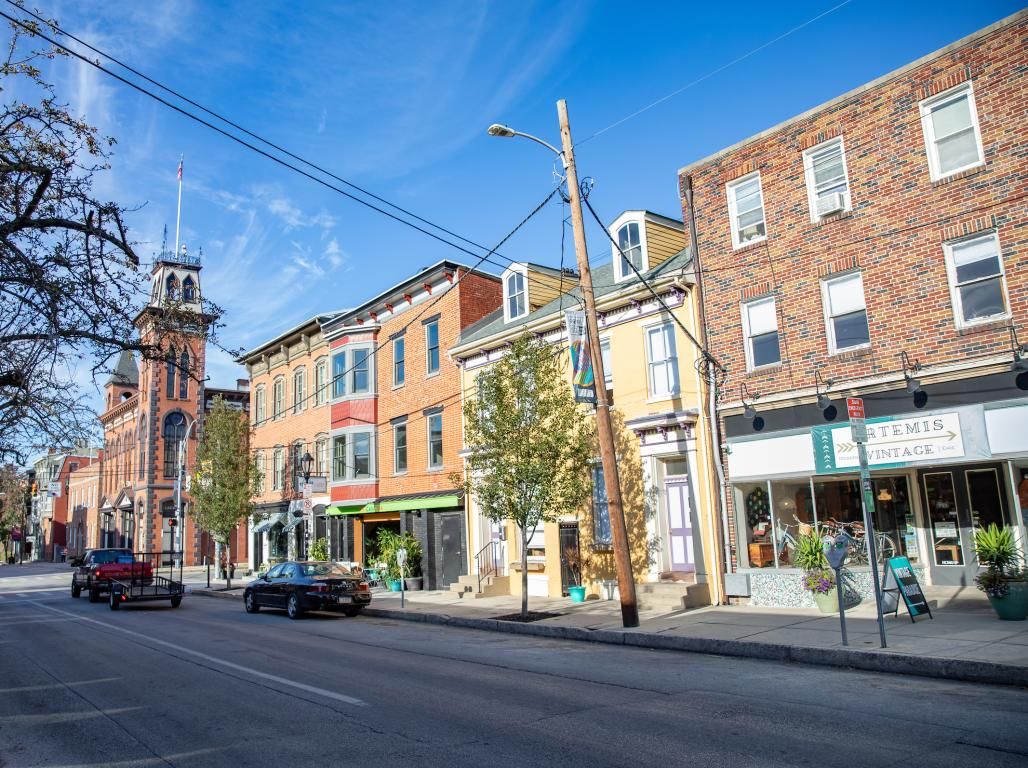 Buildings in Downtown York city on a sunny day with blue skies.