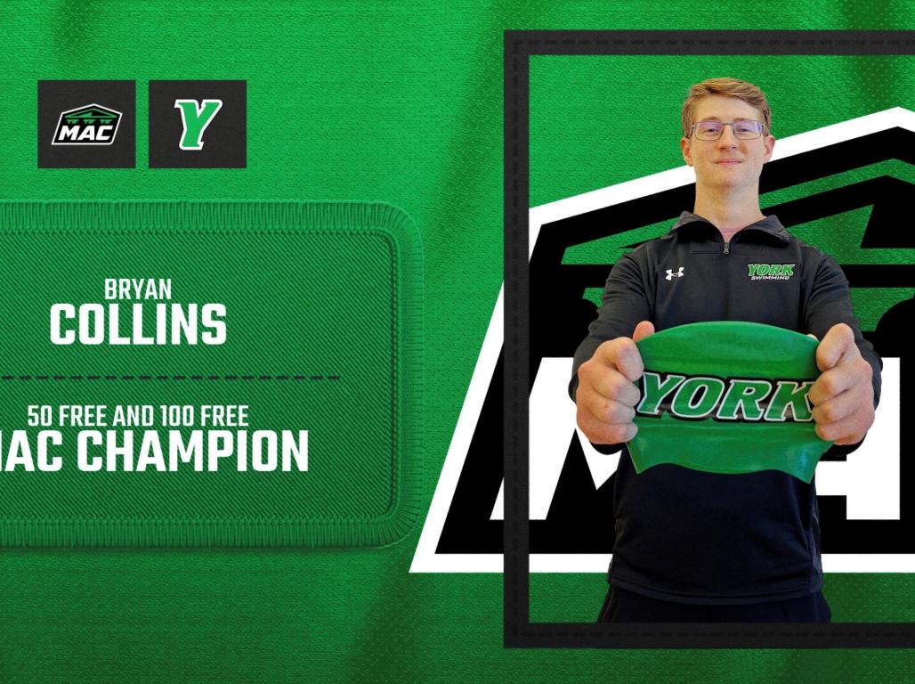 Bryan Collins poses in front of a Middle Atlantic Conference poster holding his racing swim cap. 