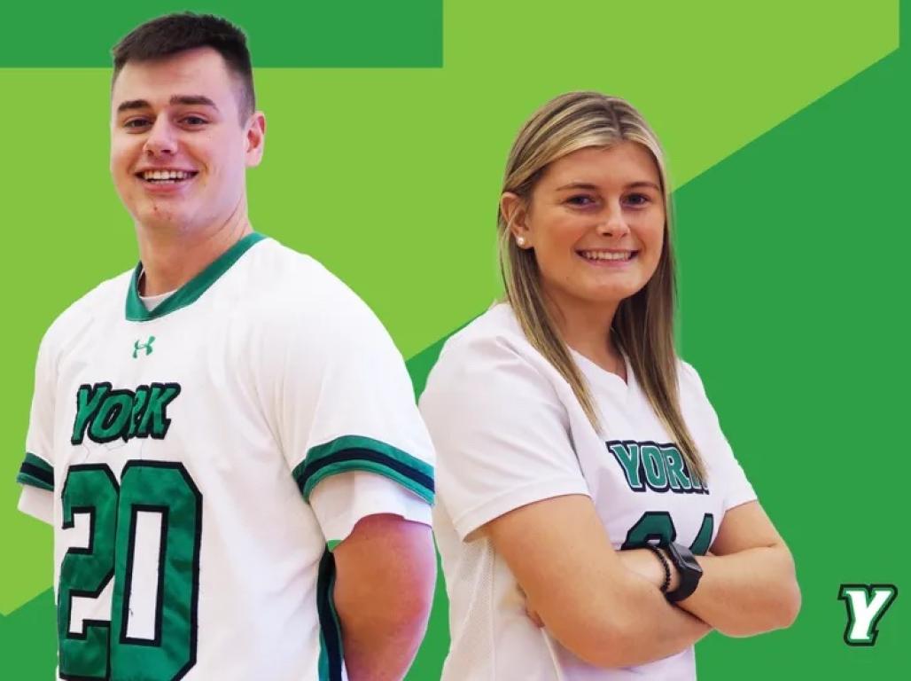 Brother-sister duo in their lacrosse uniforms.