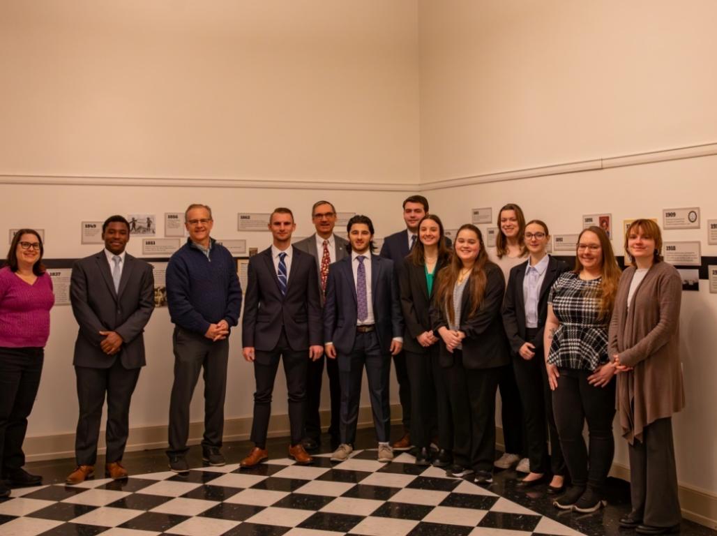 The students and faculty instructor of the Hospitality and Tourism Project-Based Learning class pose at the York Historical Society.