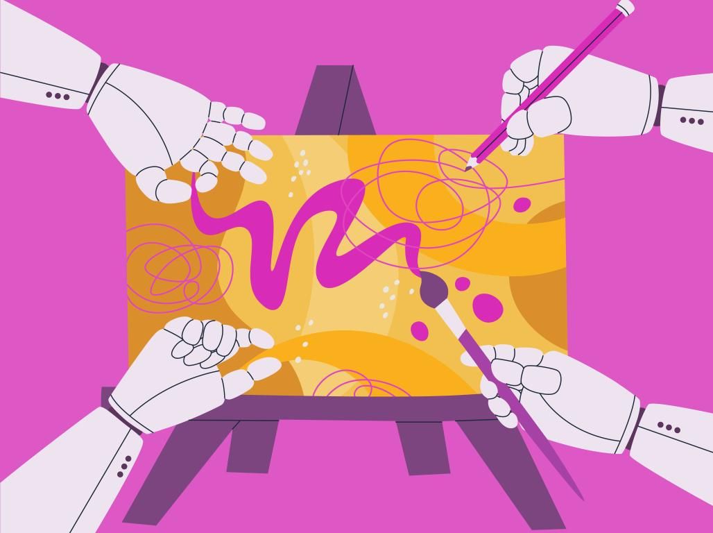 An illustration shows robot hands, some with pencils or a paintbrush, reaching toward a canvas on an easel, splashed with paint.