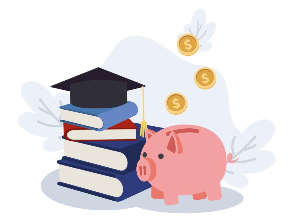 An illustration shows a piggy bank standing beside a stack of books and a graduation cap; coins fall into it from above.