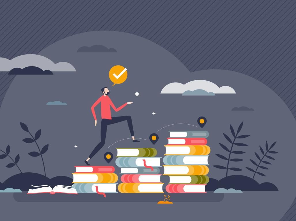 An illustration shows a person confidently climbing a staircase of books with a checkmark hanging over his head.