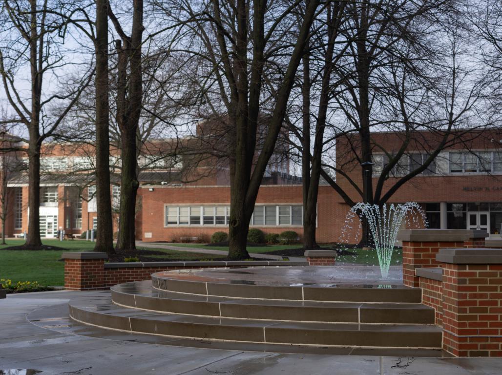 The York College fountain on main cmapus with trees in the background.