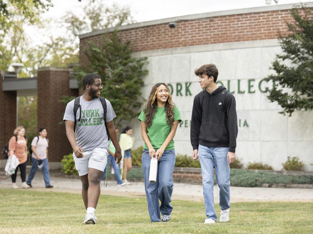 Three York College of Pennsylvania students walk towards the camera on grass near a sidewalk, smiling and talking.