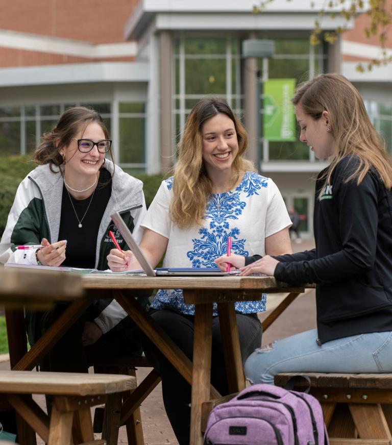 3 students studying at a picnic table with WPAC in the background.