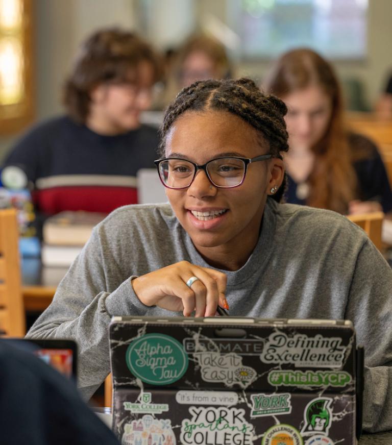 Two students talking in the library with a laptop.