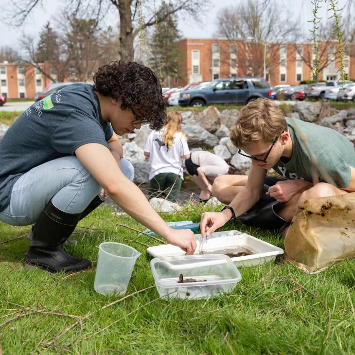 Two students are crouched taking samples by the Tyler Run creek