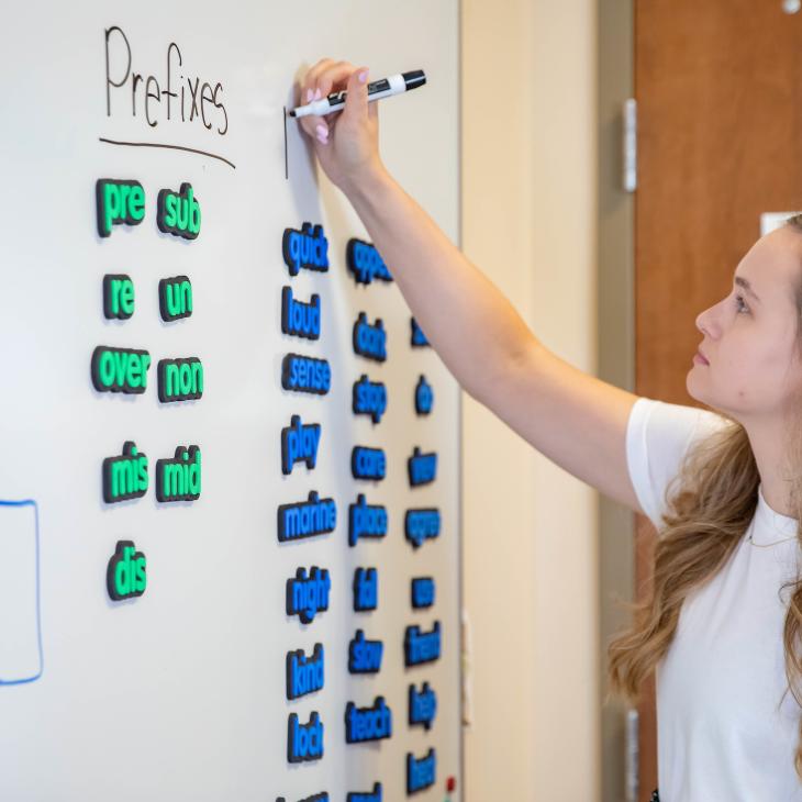 A graduate student is writing on a whiteboard