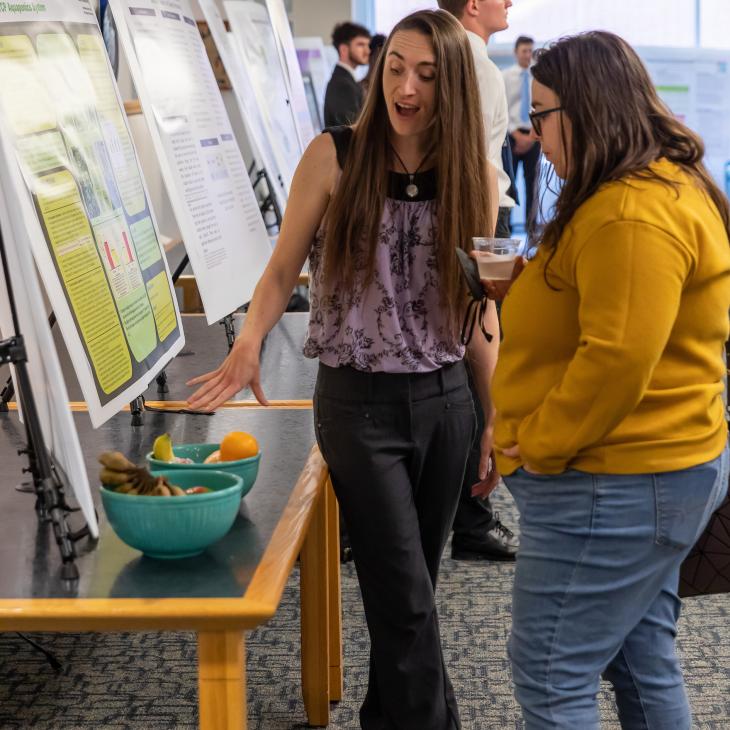 A student points to a poster while another student looks on.