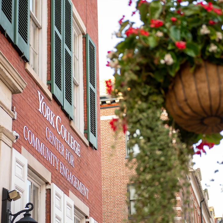 A flower basket hanging in front of the CCE.