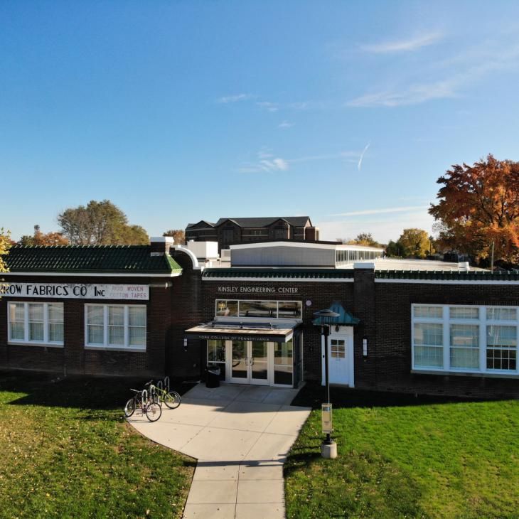 An aerial view of the Kinsley Engineering Center