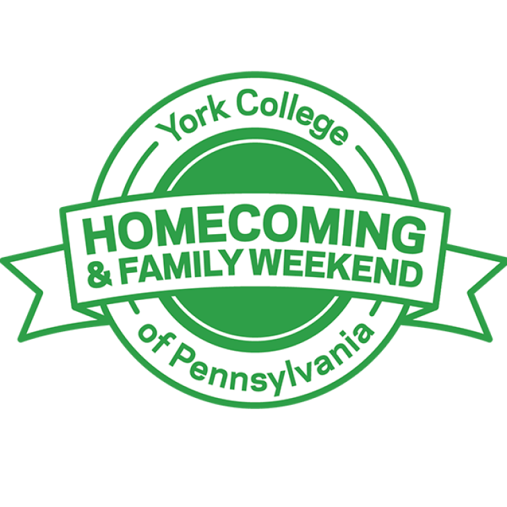 A graphic shows a badge and ribbon illustration with the words "York College of Pennsylvania Homecoming & Family Weekend"