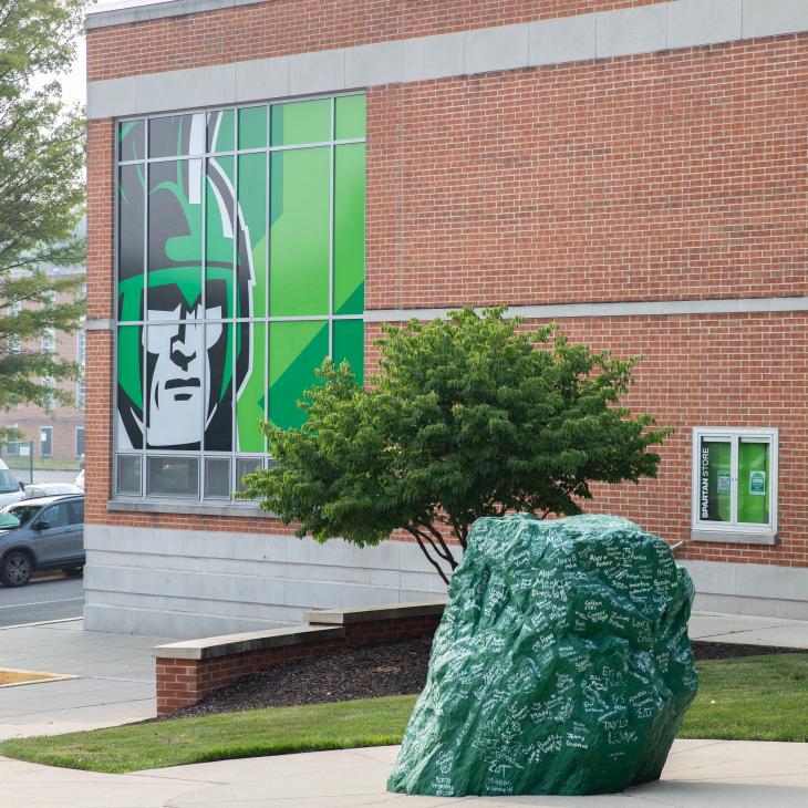 The green rock with the Spartan Store decal behind.