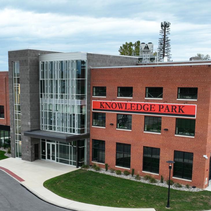 Exterior of Knowledge Park building seen from a drone